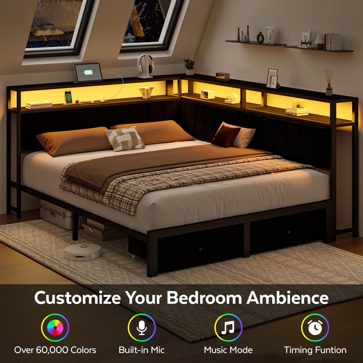 Black Full Size Storage Drawer Bed Frame with LED Lights and Charging Station G8433