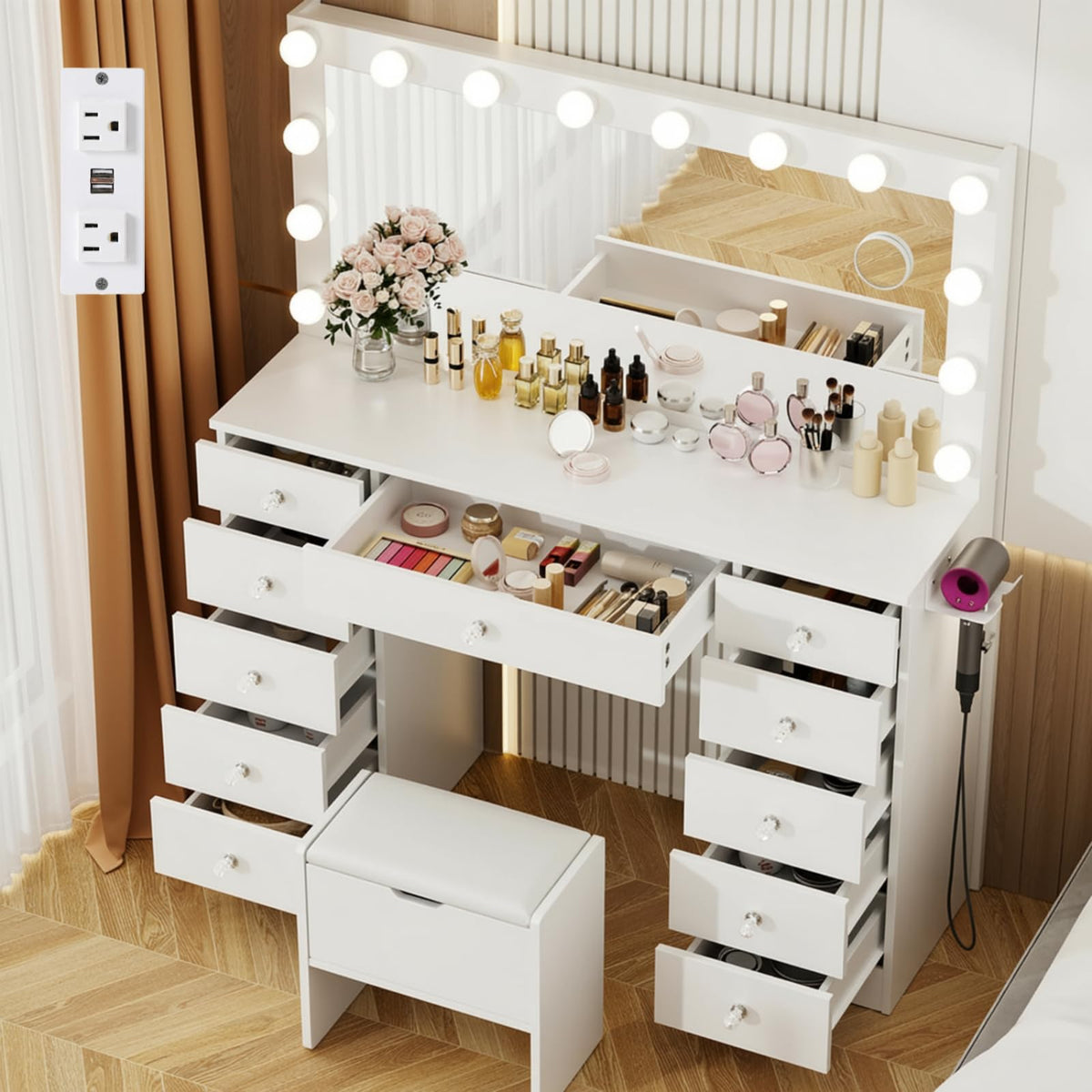 46" Vanity with Lighted Mirror and 11 Drawers B779
