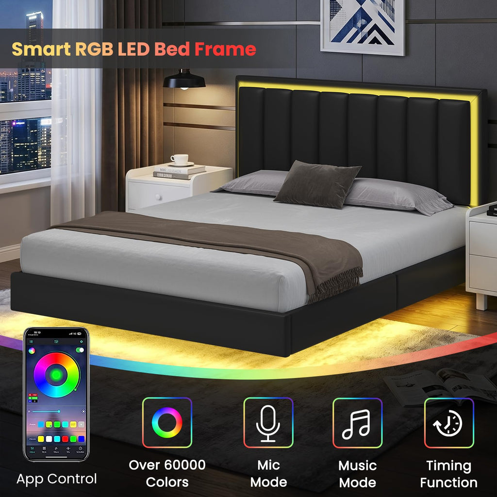 Black Full Size Floating Bed Frame with LED Lights F211