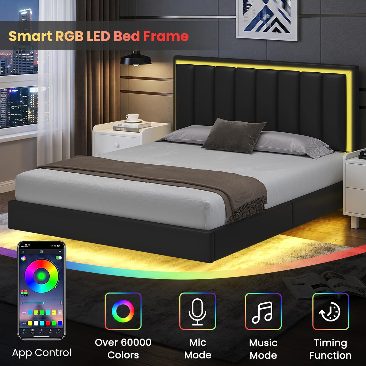 Black Full Size Floating Bed Frame with LED Lights F211