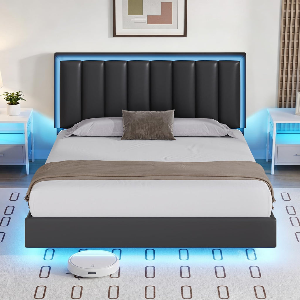 Black Full Size Floating Bed Frame with LED Lights F211