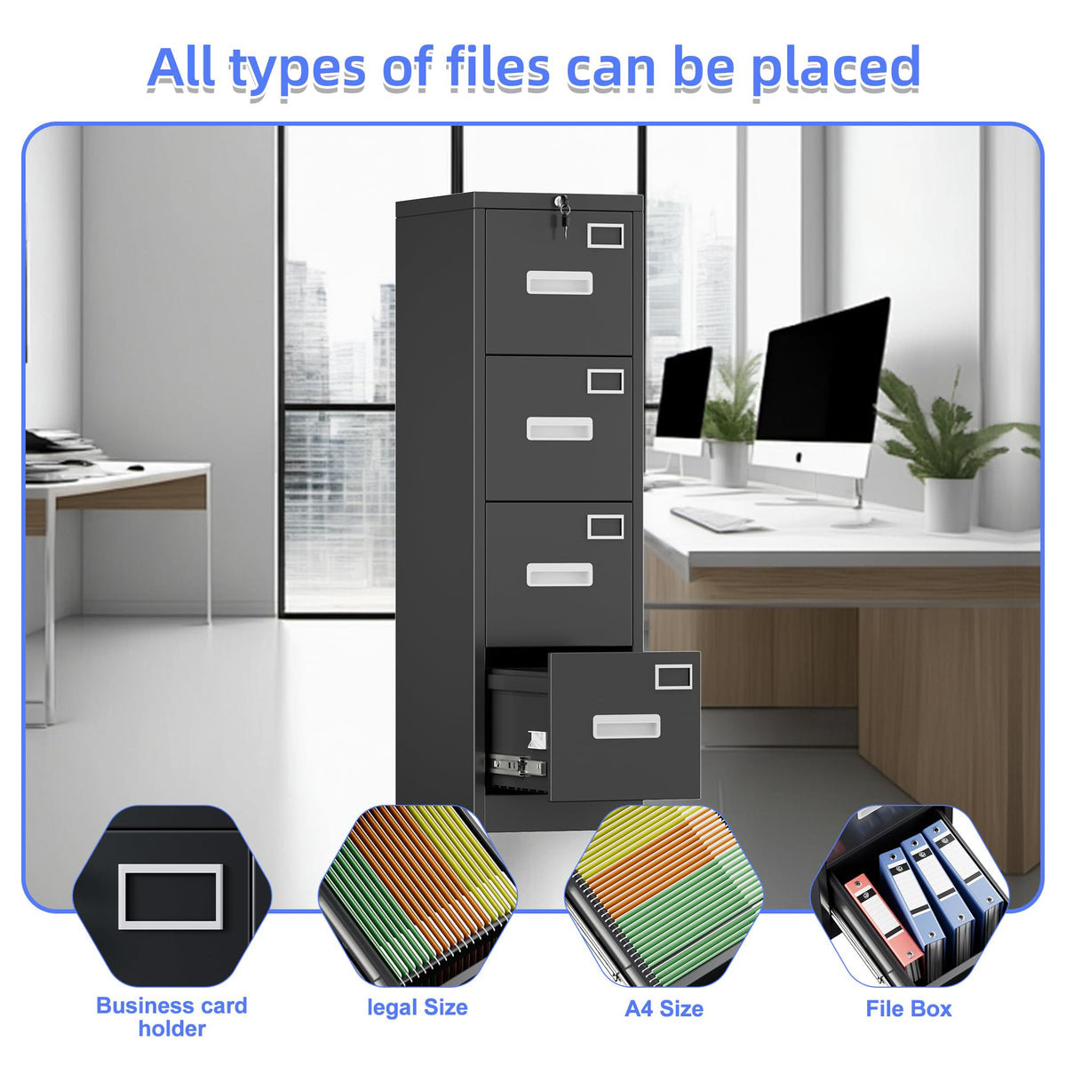 Black 4-Drawer Metal File Cabinet with Lock U329