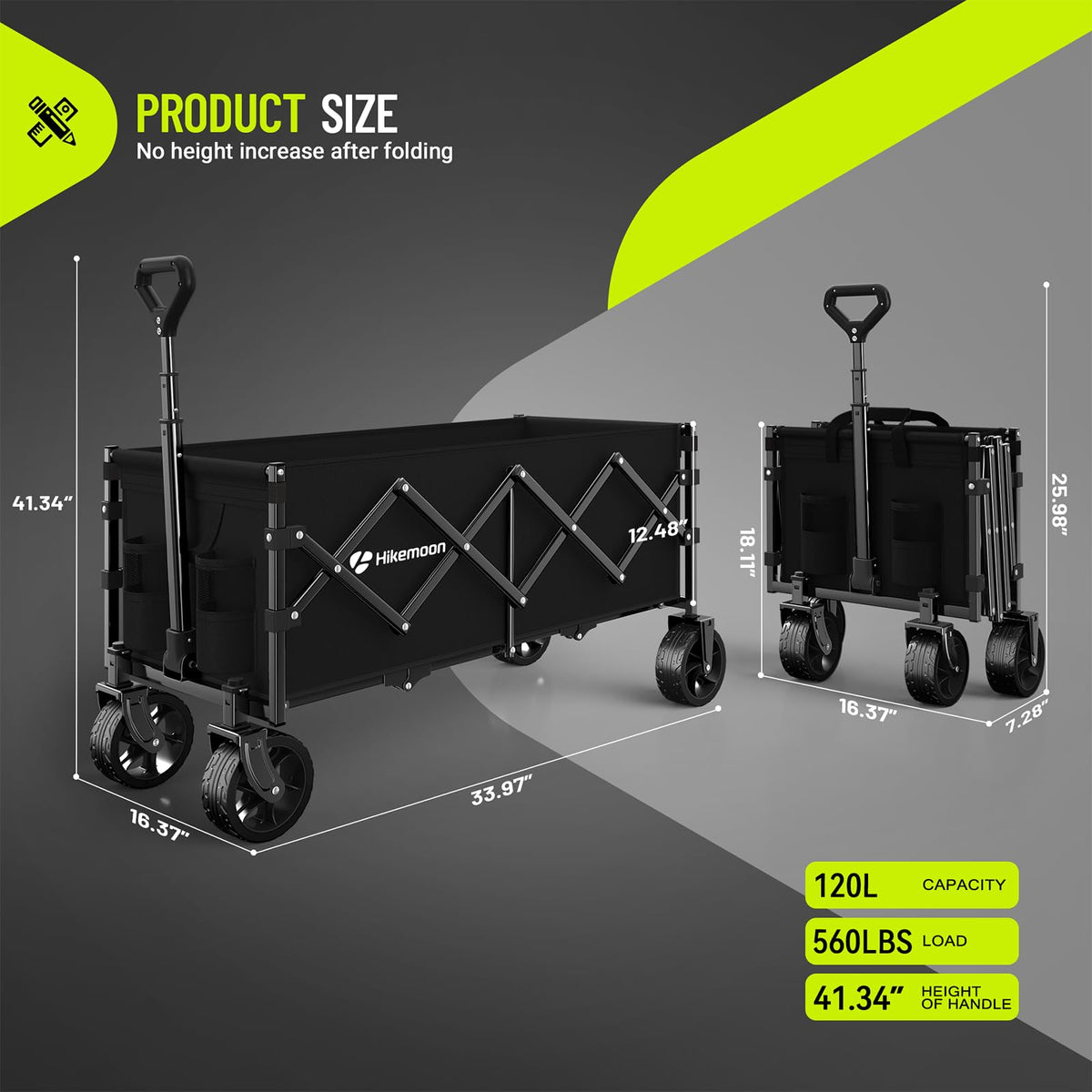 34'' Extra Long Folding Wagon Wide Wheels 120L 360LBS Black C7110
