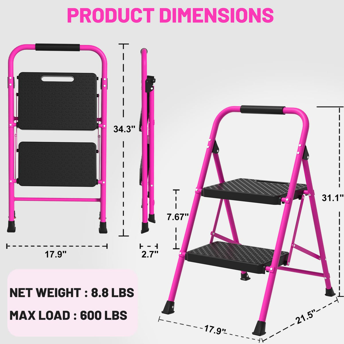 Pink Foldable 2 Step Ladder U21239