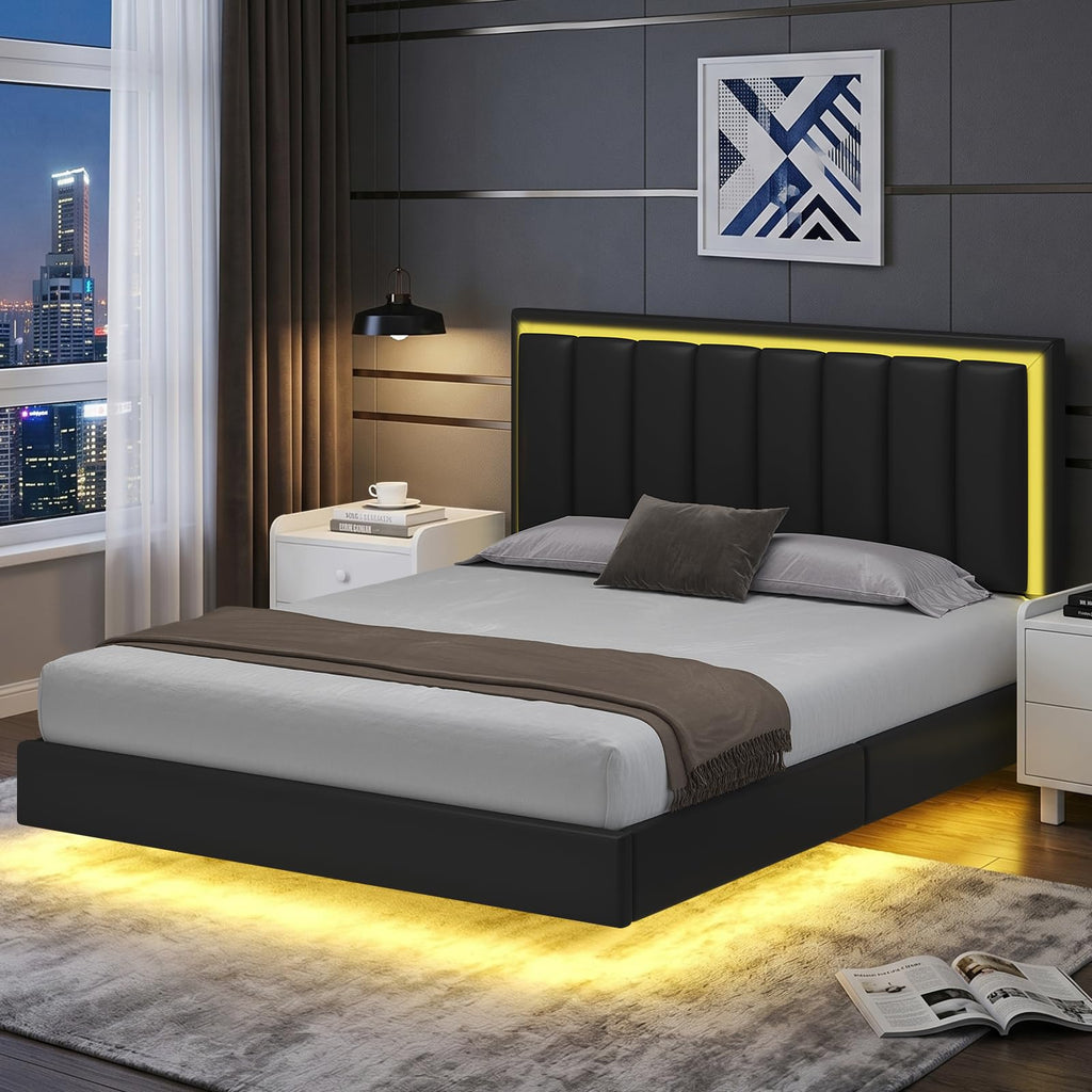 Black Full Size Floating Bed Frame with LED Lights F211