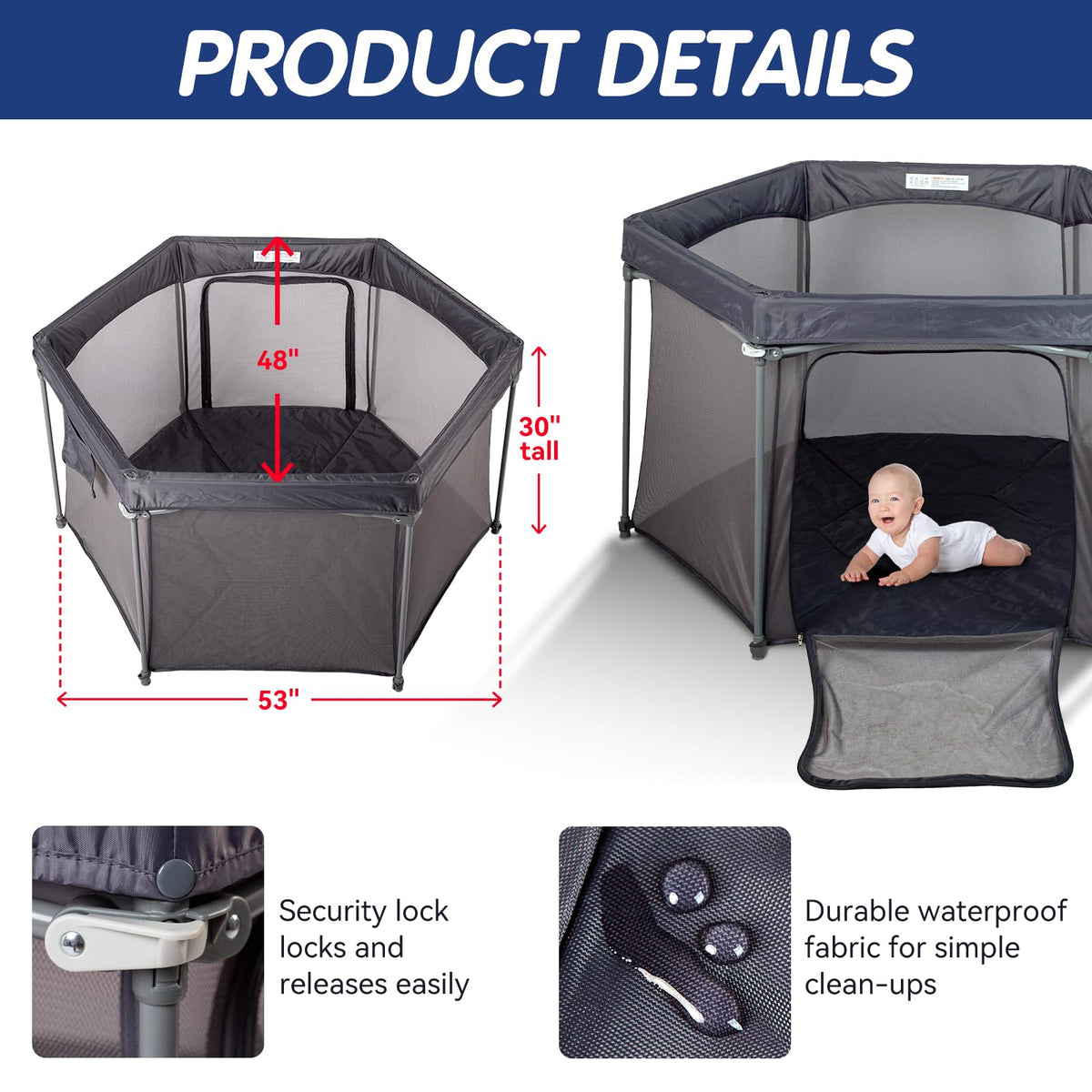 Baby Playpen 53x53 Inch Portable Play Yard with Breathable Mesh Walls Grey I782