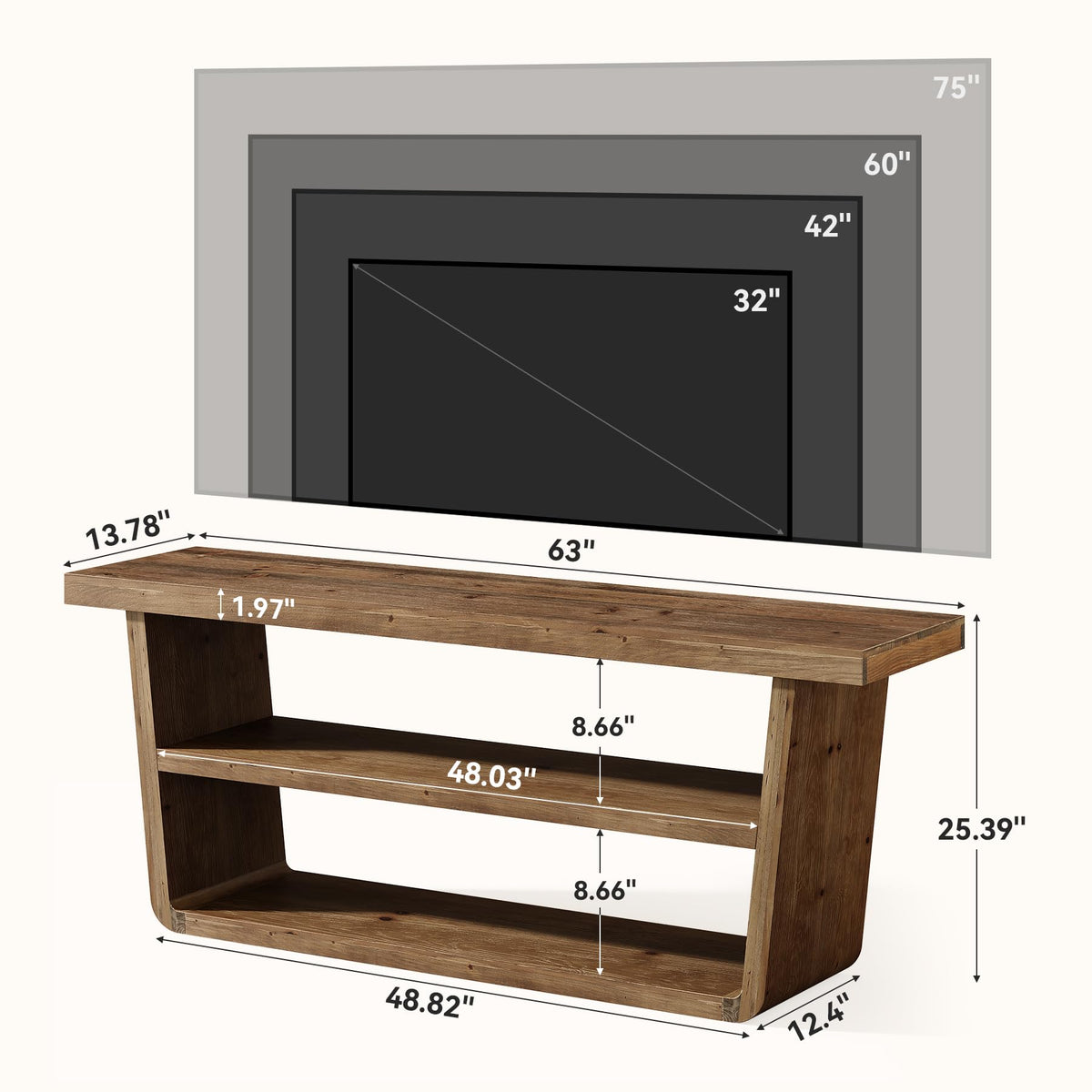 63" Solid Wood 3-Tier TV Stand M127788