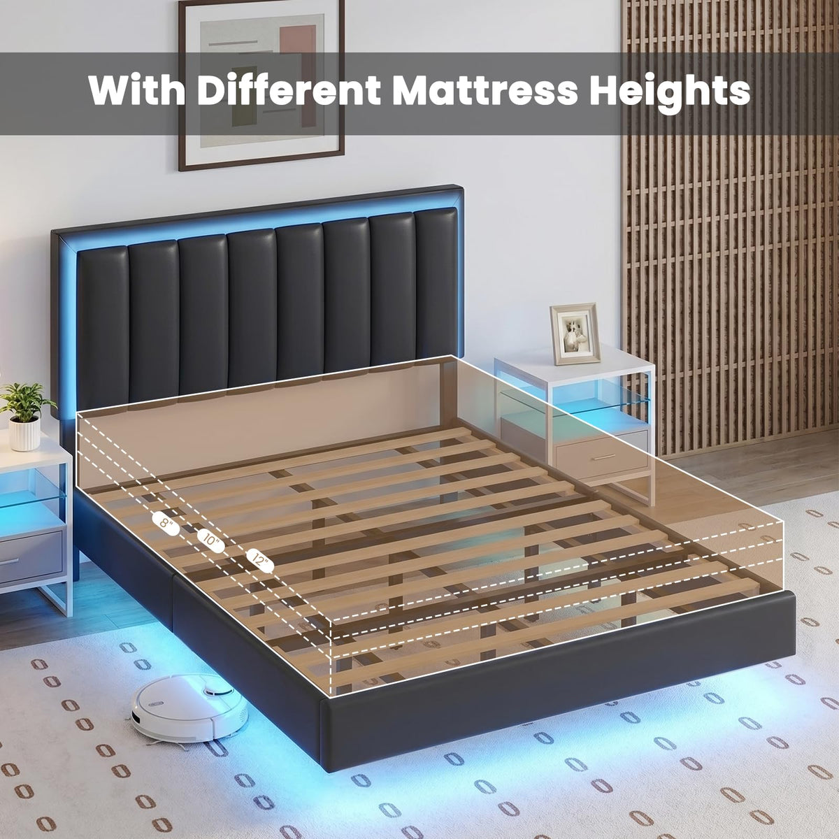 Black Full Size Floating Bed Frame with LED Lights F211