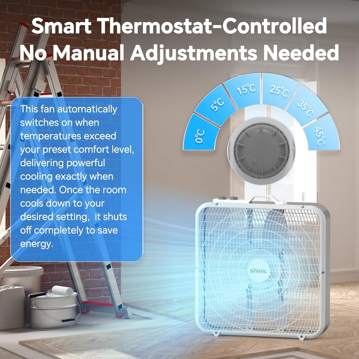 20” Box Fan with Thermostat, 3-Speed Portable Floor Fan, White B54093