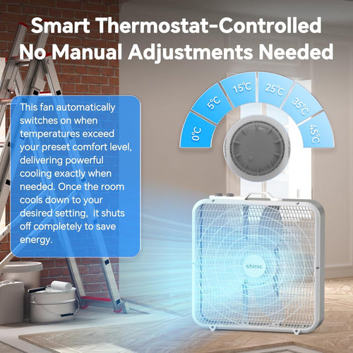 20” Box Fan with Thermostat, 3-Speed Portable Floor Fan, White B54093