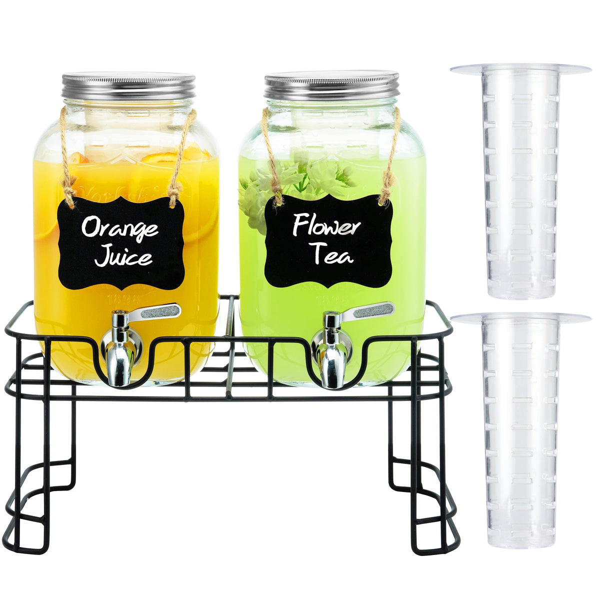1 Gallon Glass Beverage Dispenser with Stand, Ice Cylinder and Stainless Steel Spigot, 2 Pack G94256