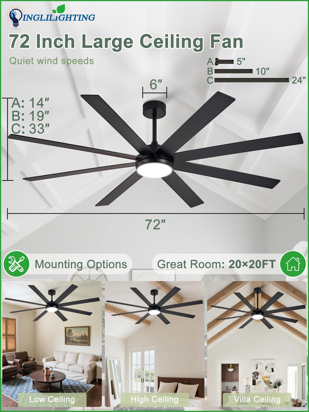 Black 72in Ceiling Fan with Lights Z3106