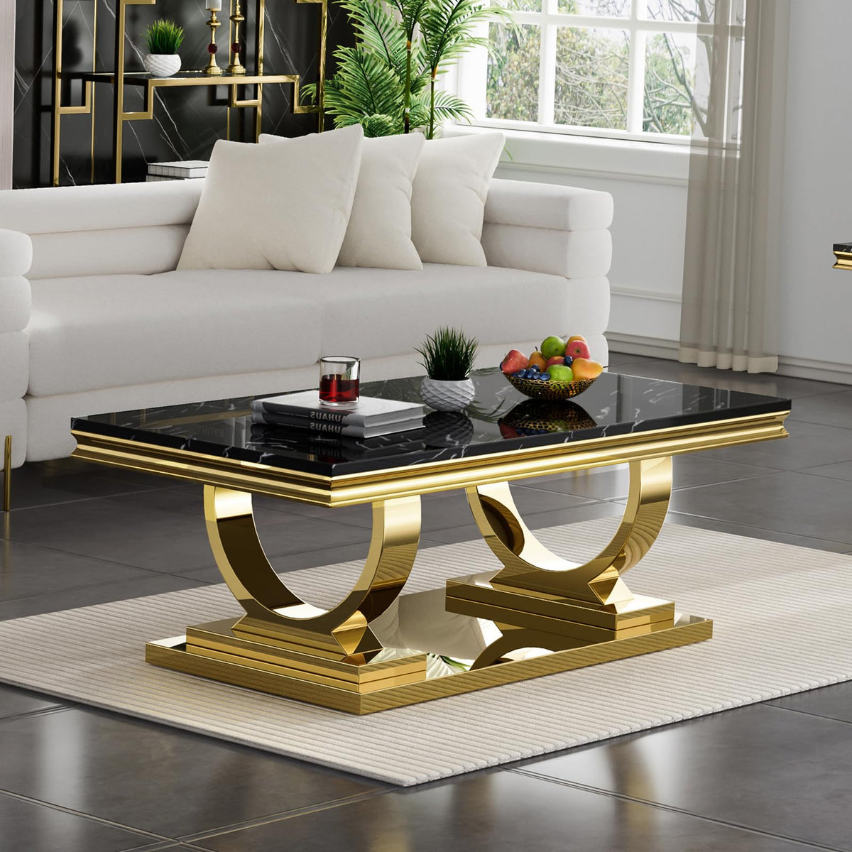 47" Black Faux Marble Coffee Table with Gold Pedestal Base T1499