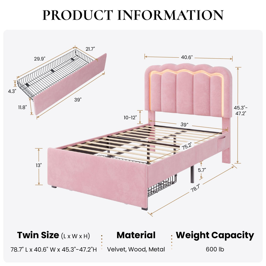 Twin Size Bed Frame with LED Lights and Storage Drawer E2979