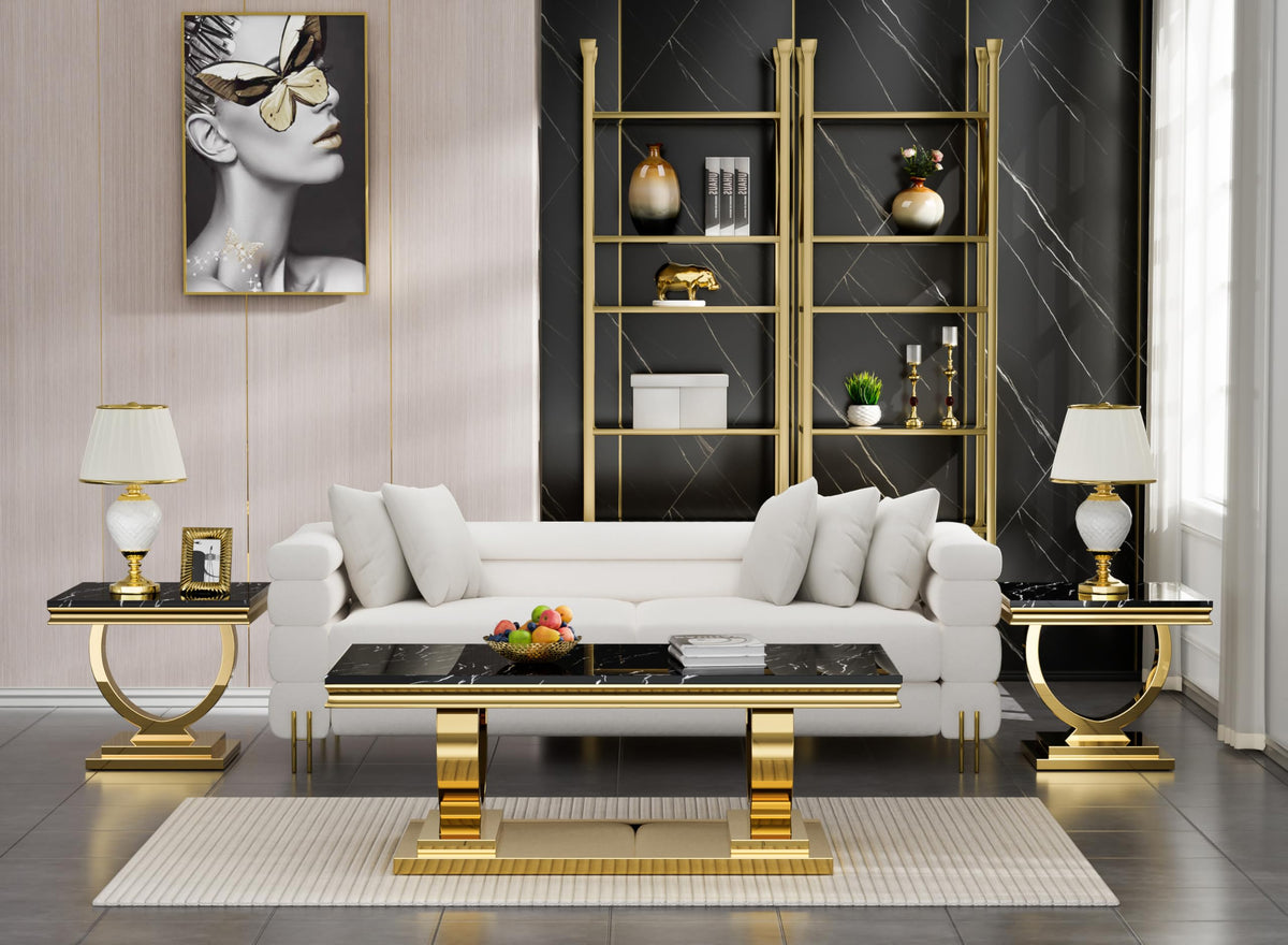 47" Black Faux Marble Coffee Table with Gold Pedestal Base T1499
