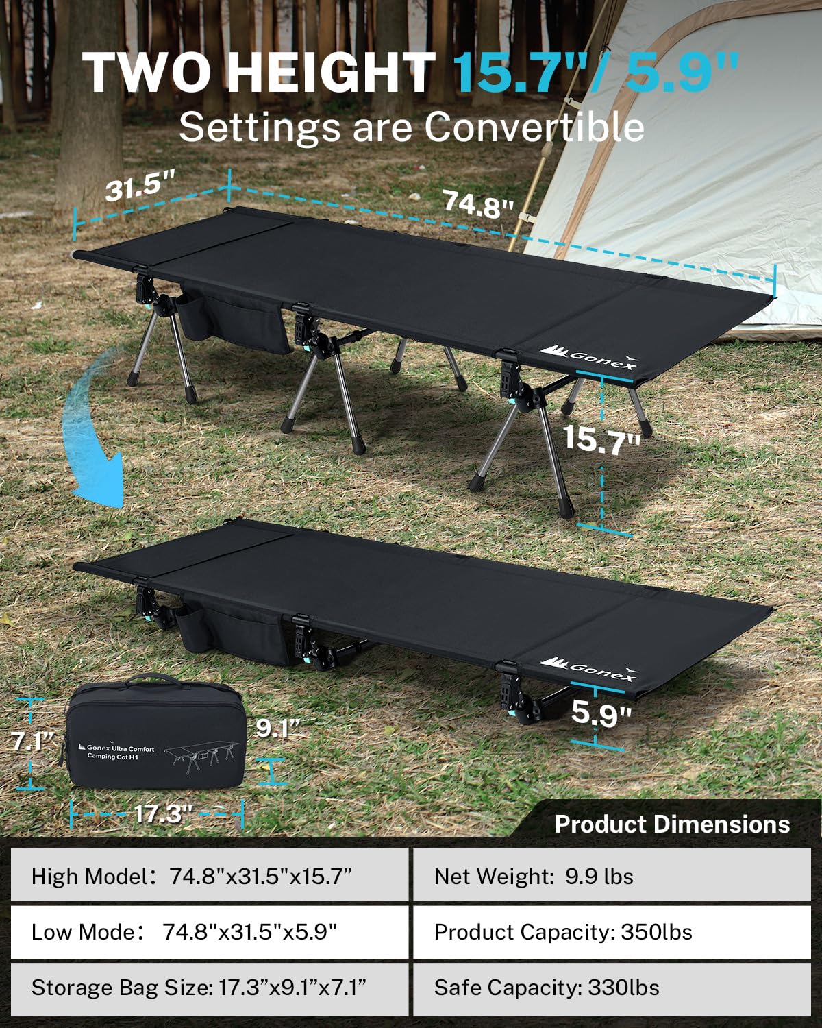 31" Adjustable Height Camping Cot K835439