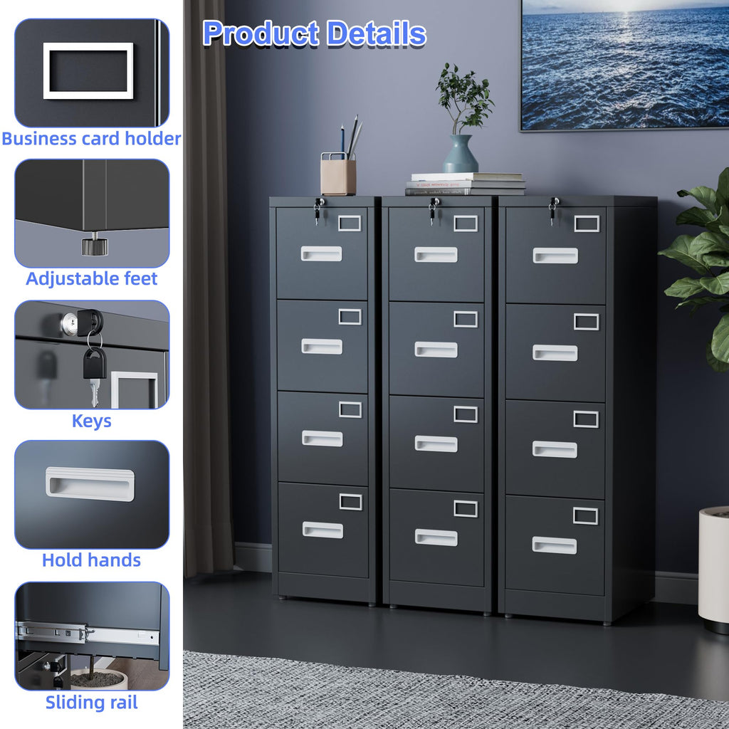 Black 4-Drawer Metal File Cabinet with Lock U329