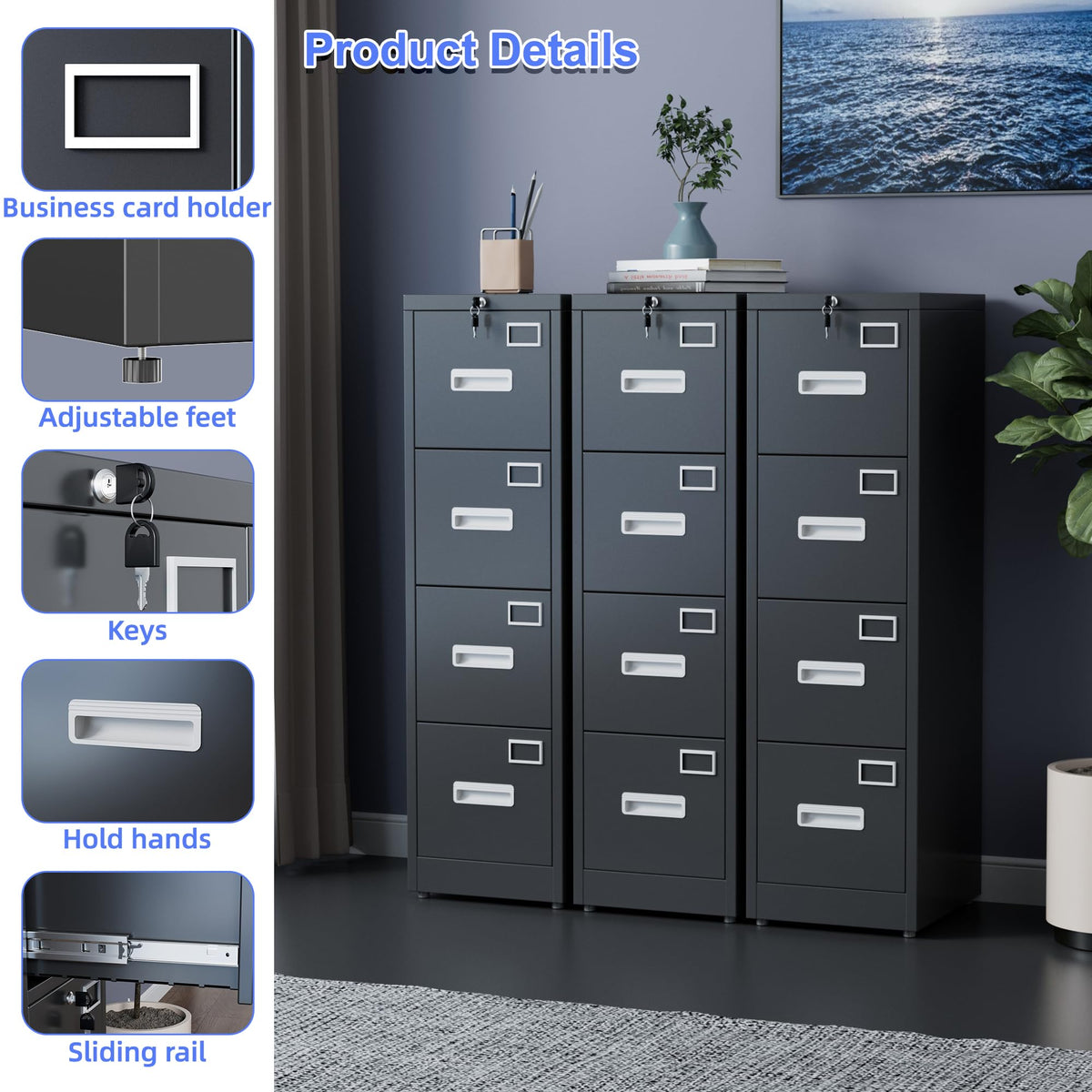 Black 4-Drawer Metal File Cabinet with Lock U329