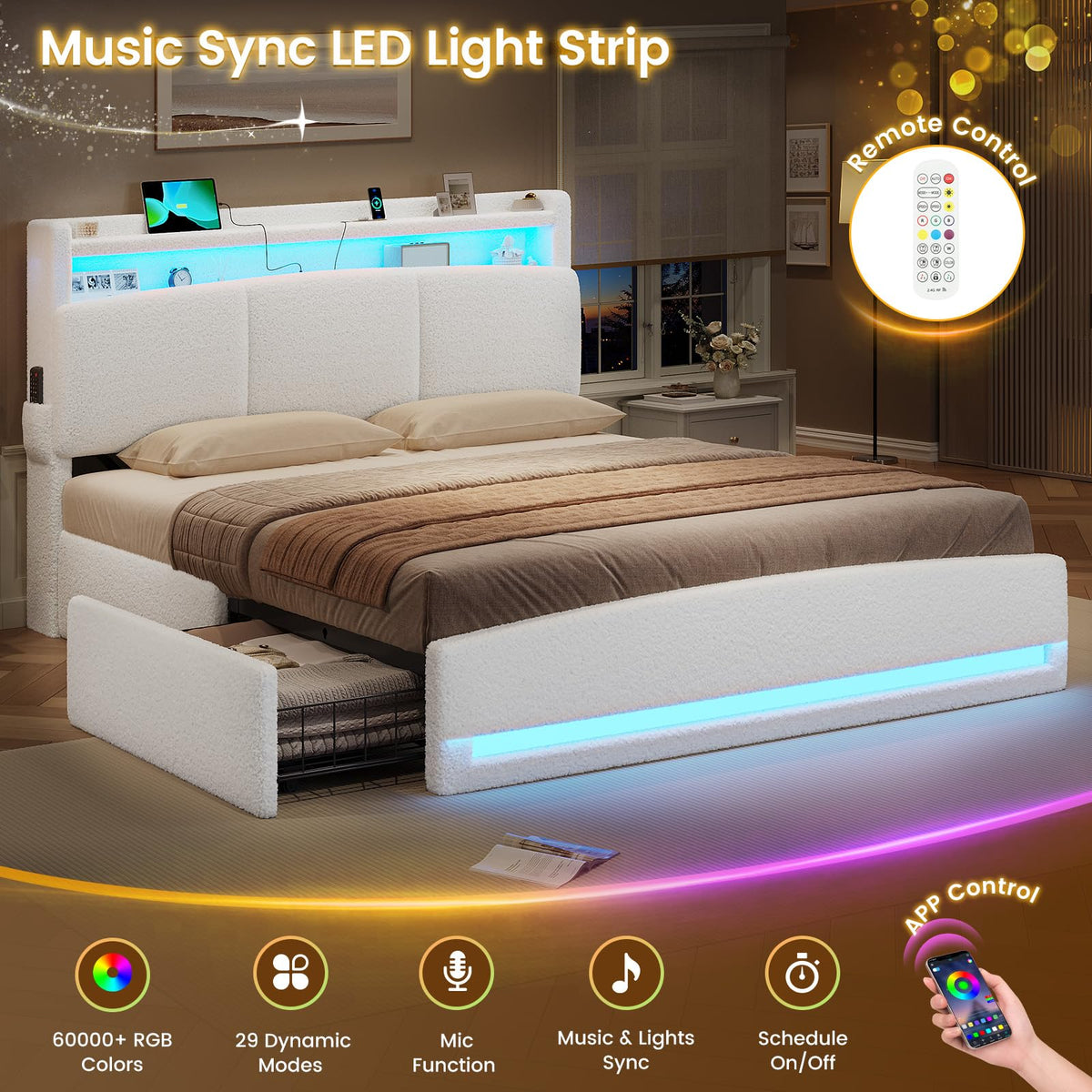 Full Bed Frame with Storage Headboard and Charging Station V309