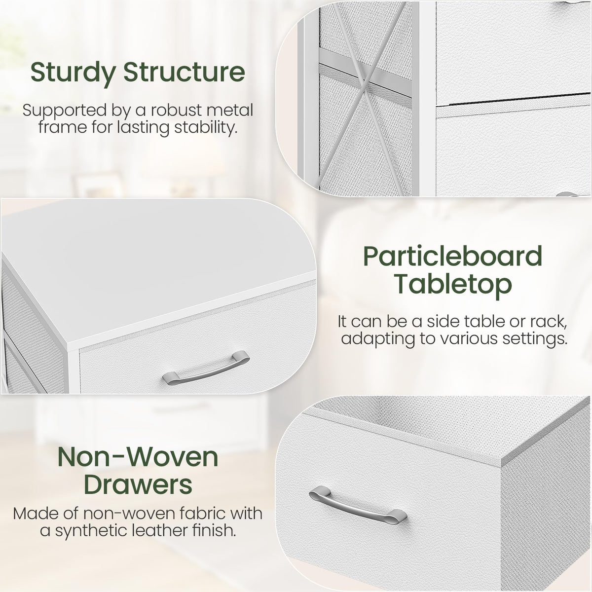 White 3 Drawer Fabric Storage Dresser with Wooden Top Z69269