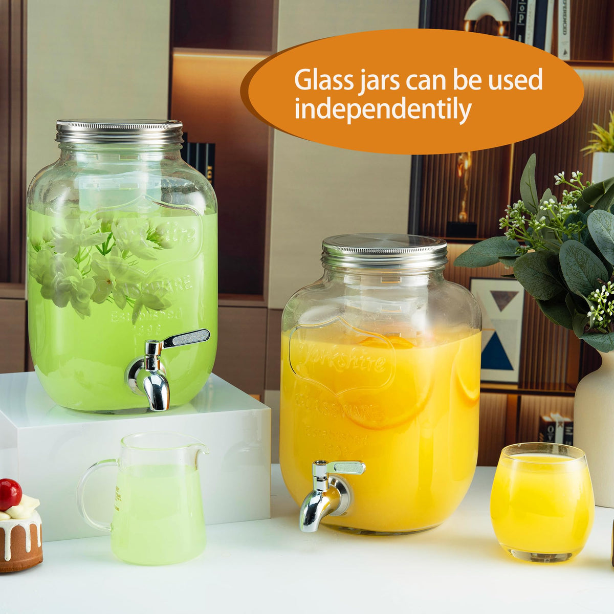 1 Gallon Glass Beverage Dispenser with Stand, Ice Cylinder and Stainless Steel Spigot, 2 Pack G94256