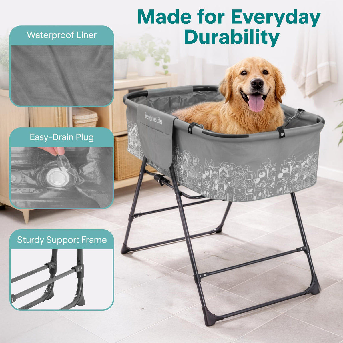Foldable Dog Bath Tub with Drain Hose, 130 lb Capacity, Gray L571