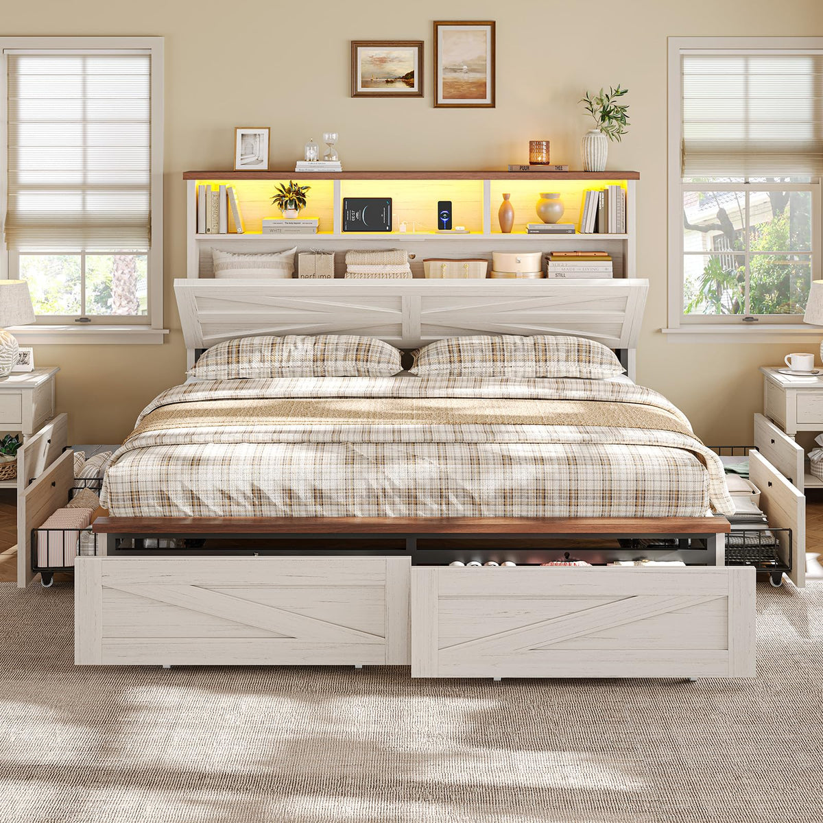 White Full Size Wood Bed Frame with 6 Drawers C150394