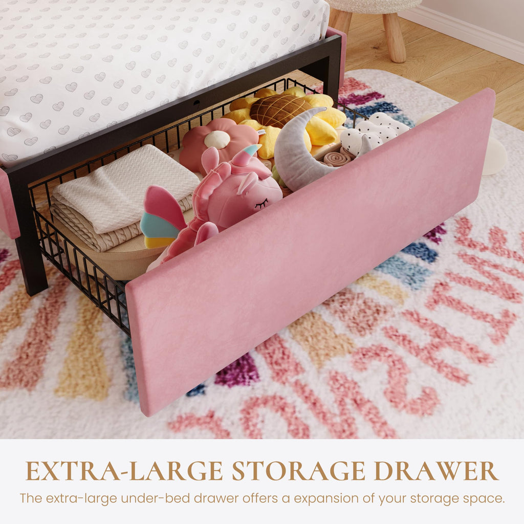 Twin Size Bed Frame with LED Lights and Storage Drawer E2979