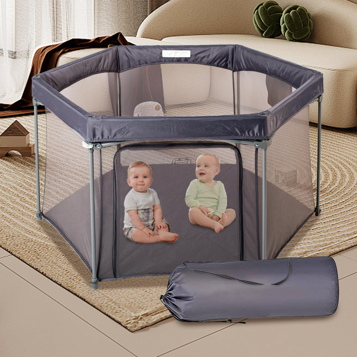 Baby Playpen 53x53 Inch Portable Play Yard with Breathable Mesh Walls Grey I782