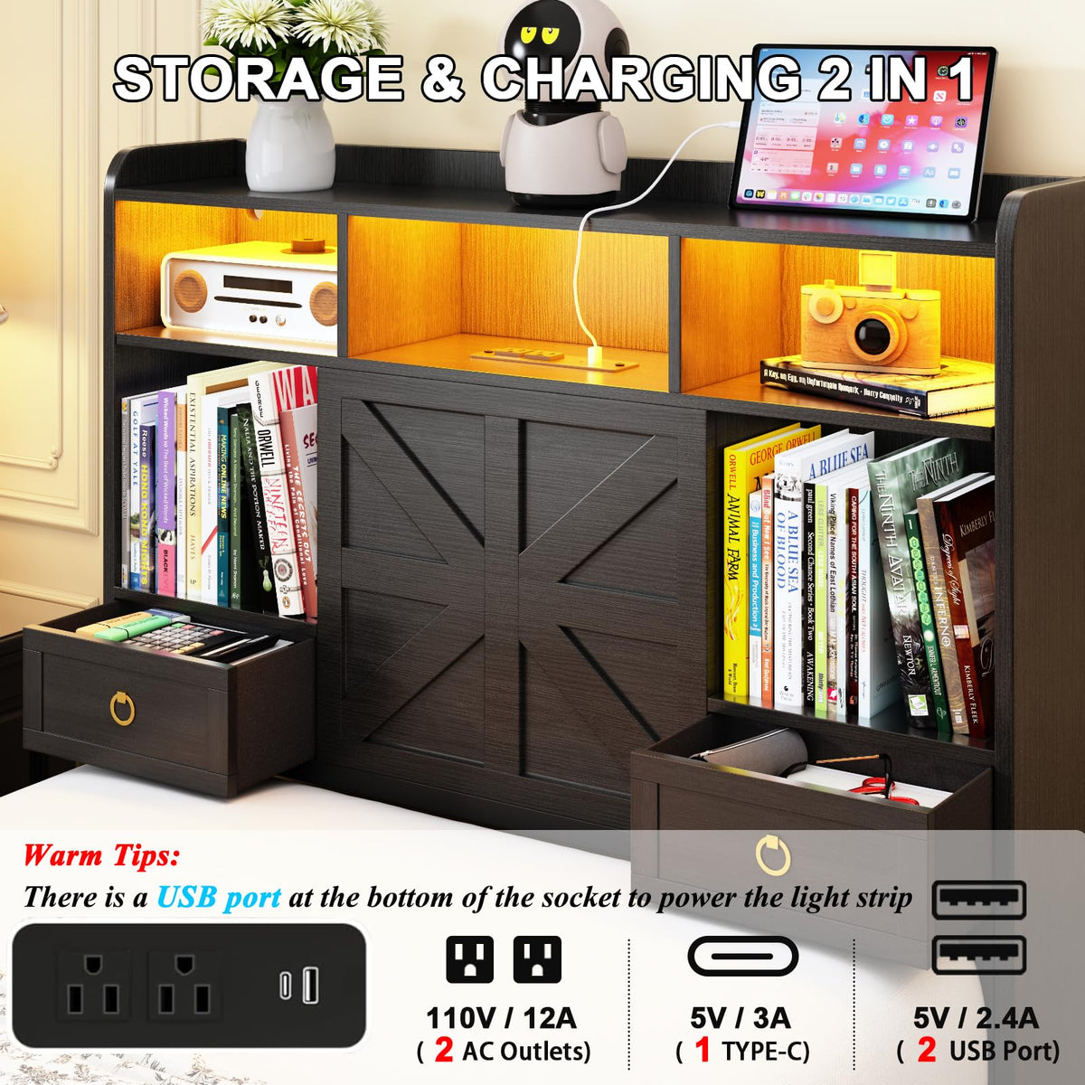 Black Twin Bed Frame with Storage Headboard and Drawers W4843