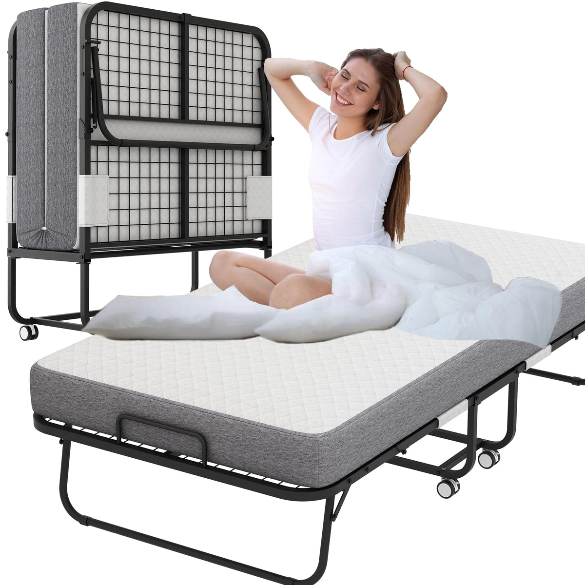 Folding Bed with 5" Memory Foam Mattress Twin Size Metal Frame G863126