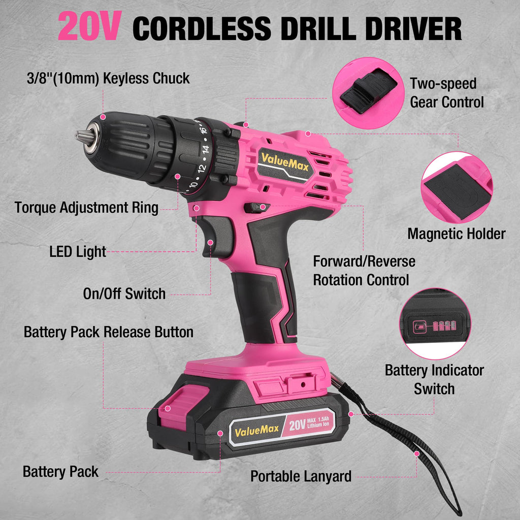Pink 20V Cordless Drill Set with Battery and Charger T851