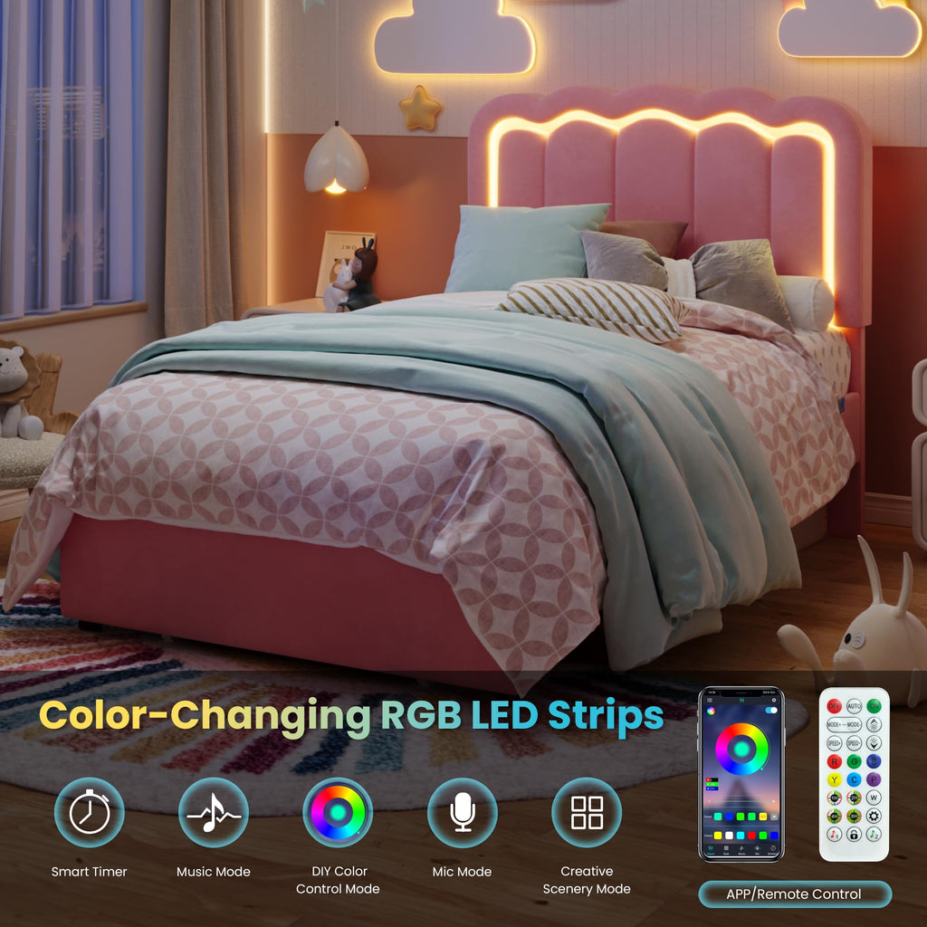 Twin Size Bed Frame with LED Lights and Storage Drawer E2979