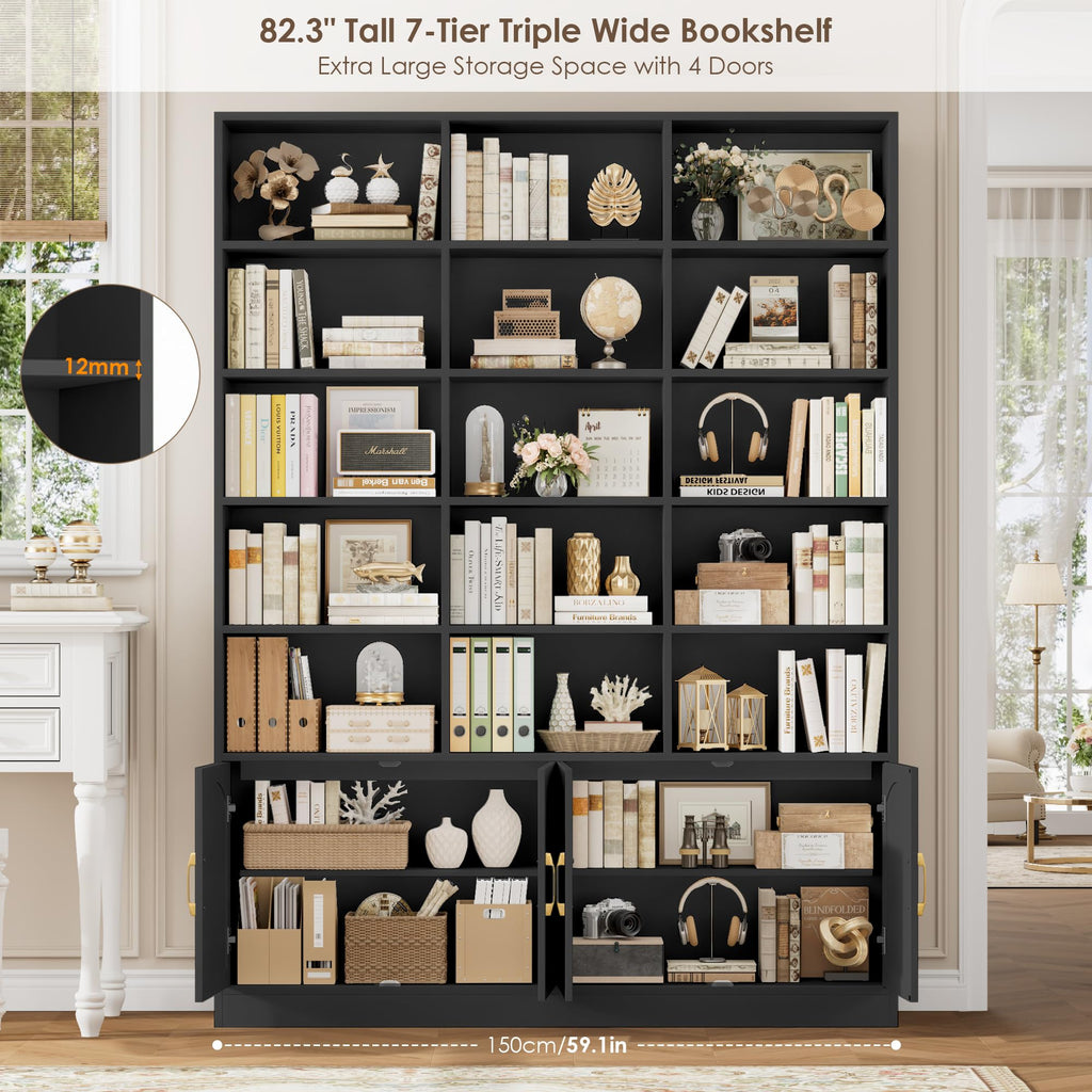 82.3" Triple Wide Bookshelf with 4 Doors, Black N24152