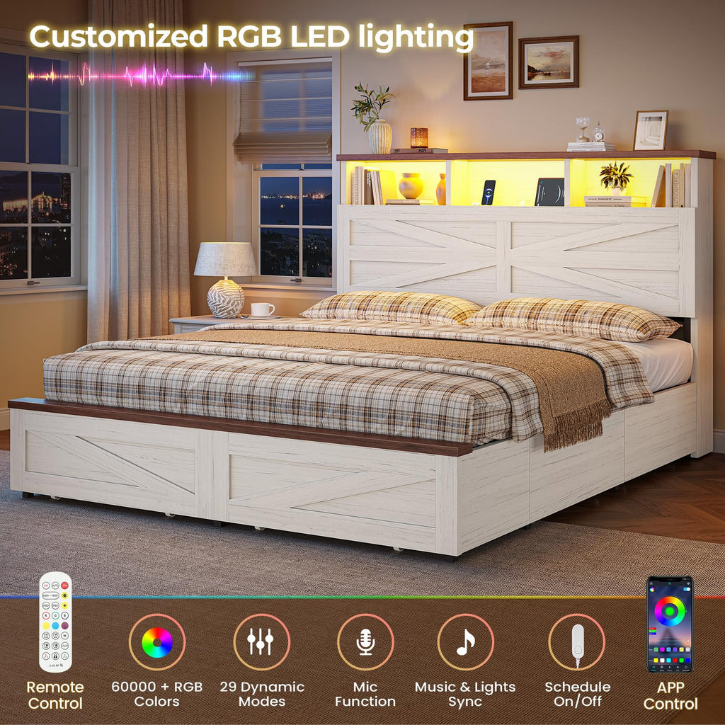 White Full Size Wood Bed Frame with 6 Drawers C150394