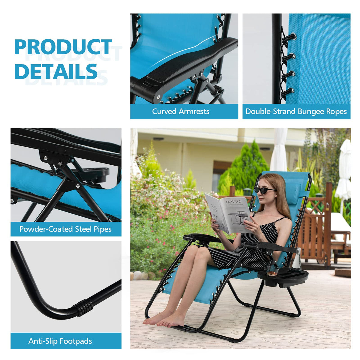 Blue Folding Reclining Lounge Chair with Side Tray O697