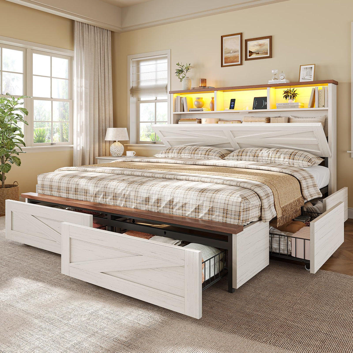 White Full Size Wood Bed Frame with 6 Drawers C150394