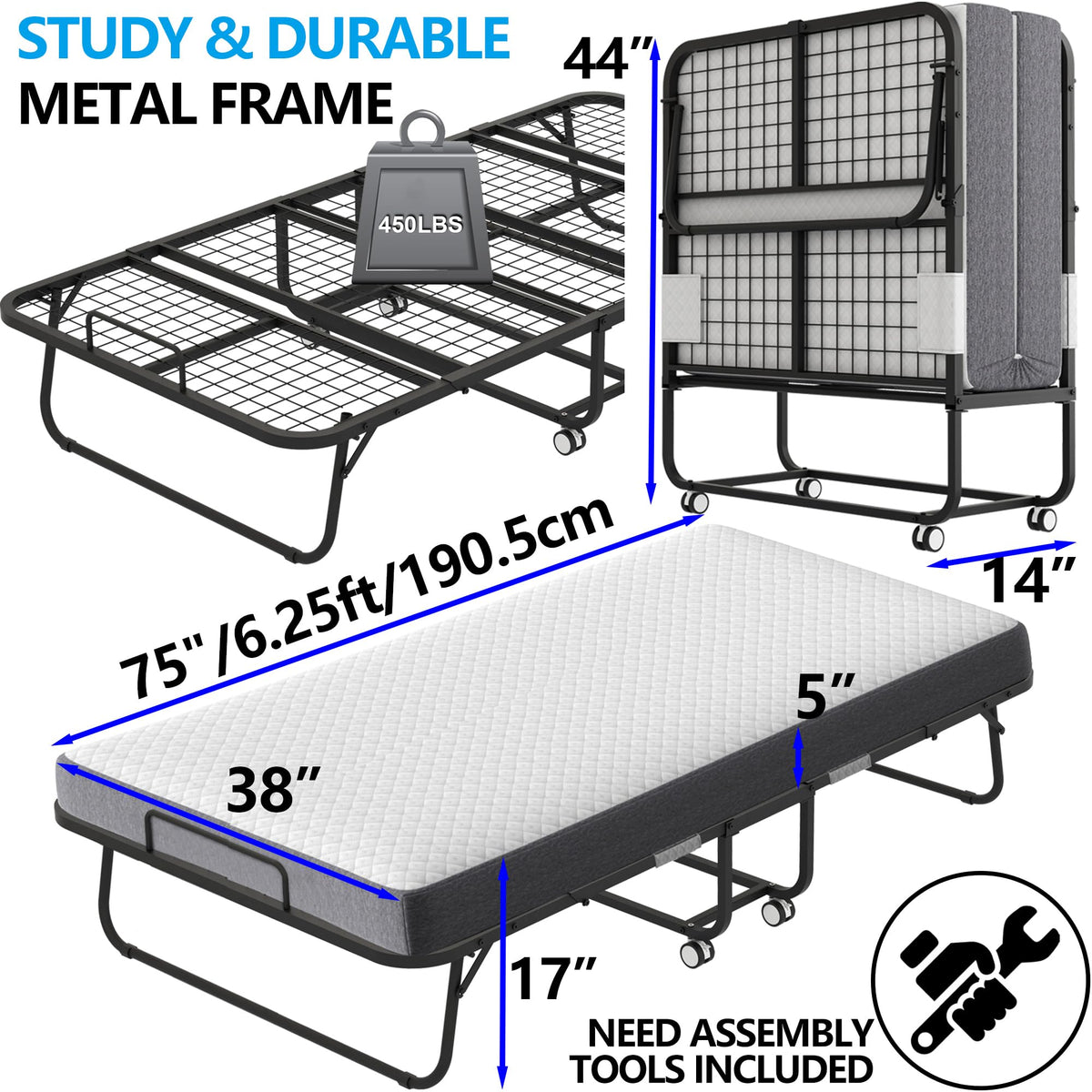 Folding Bed with 5" Memory Foam Mattress Twin Size Metal Frame G863126