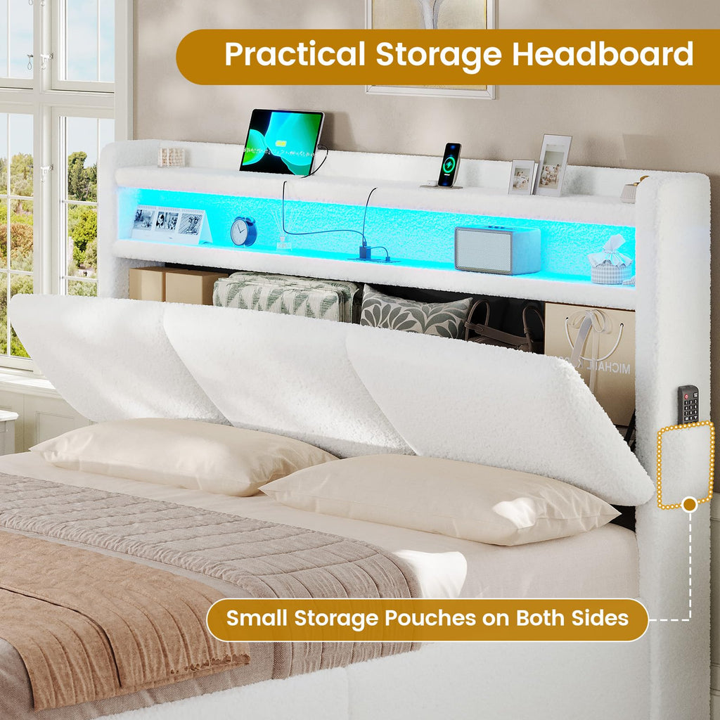 Full Bed Frame with Storage Headboard and Charging Station V309