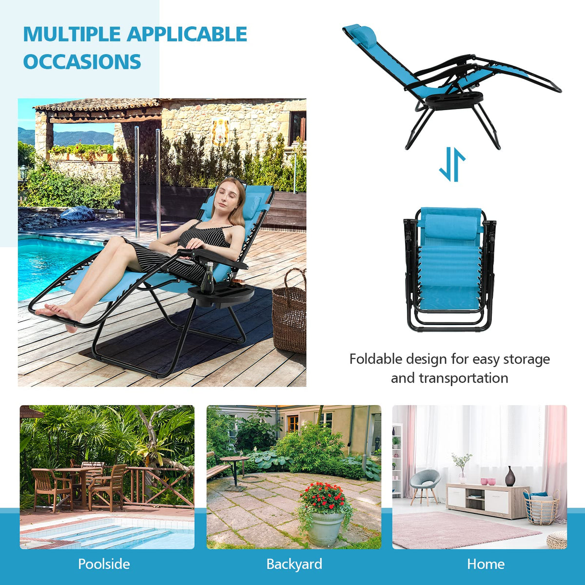 Blue Folding Reclining Lounge Chair with Side Tray O697