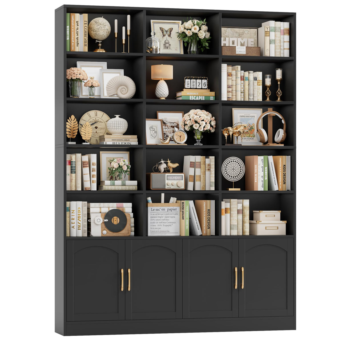 82.3" Triple Wide Bookshelf with 4 Doors, Black N24152