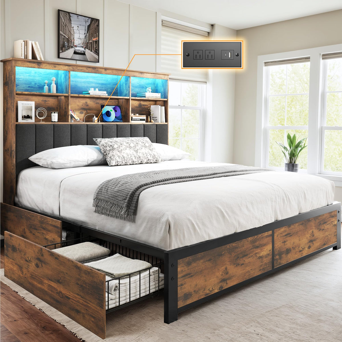 Queen Bed Frame with Headboard, Wood Bed Frame with Storage O2269
