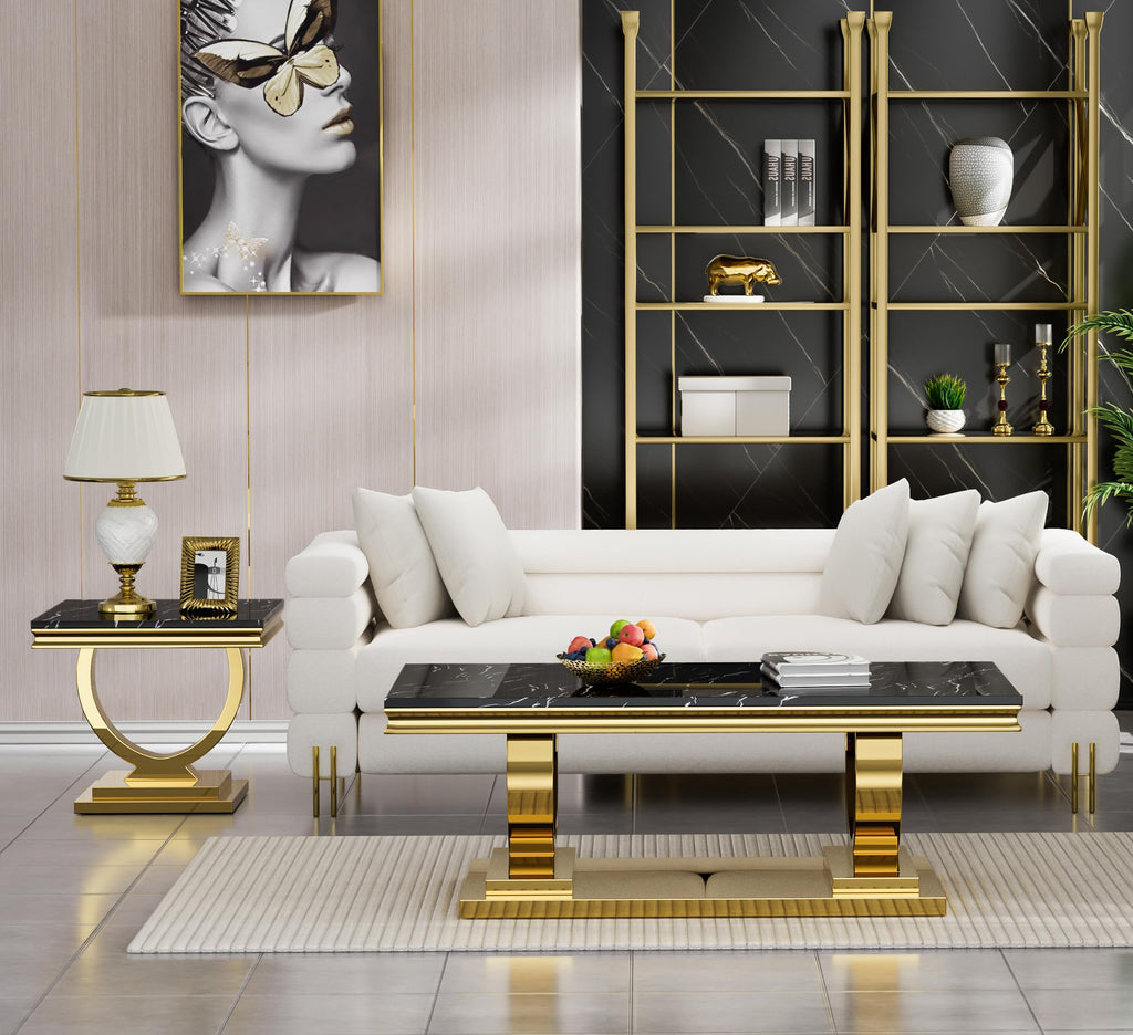 47" Black Faux Marble Coffee Table with Gold Pedestal Base T1499