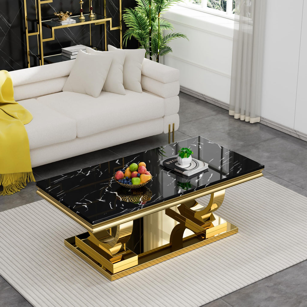 47" Black Faux Marble Coffee Table with Gold Pedestal Base T1499