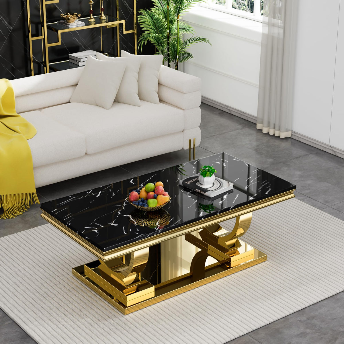 47" Black Faux Marble Coffee Table with Gold Pedestal Base T1499