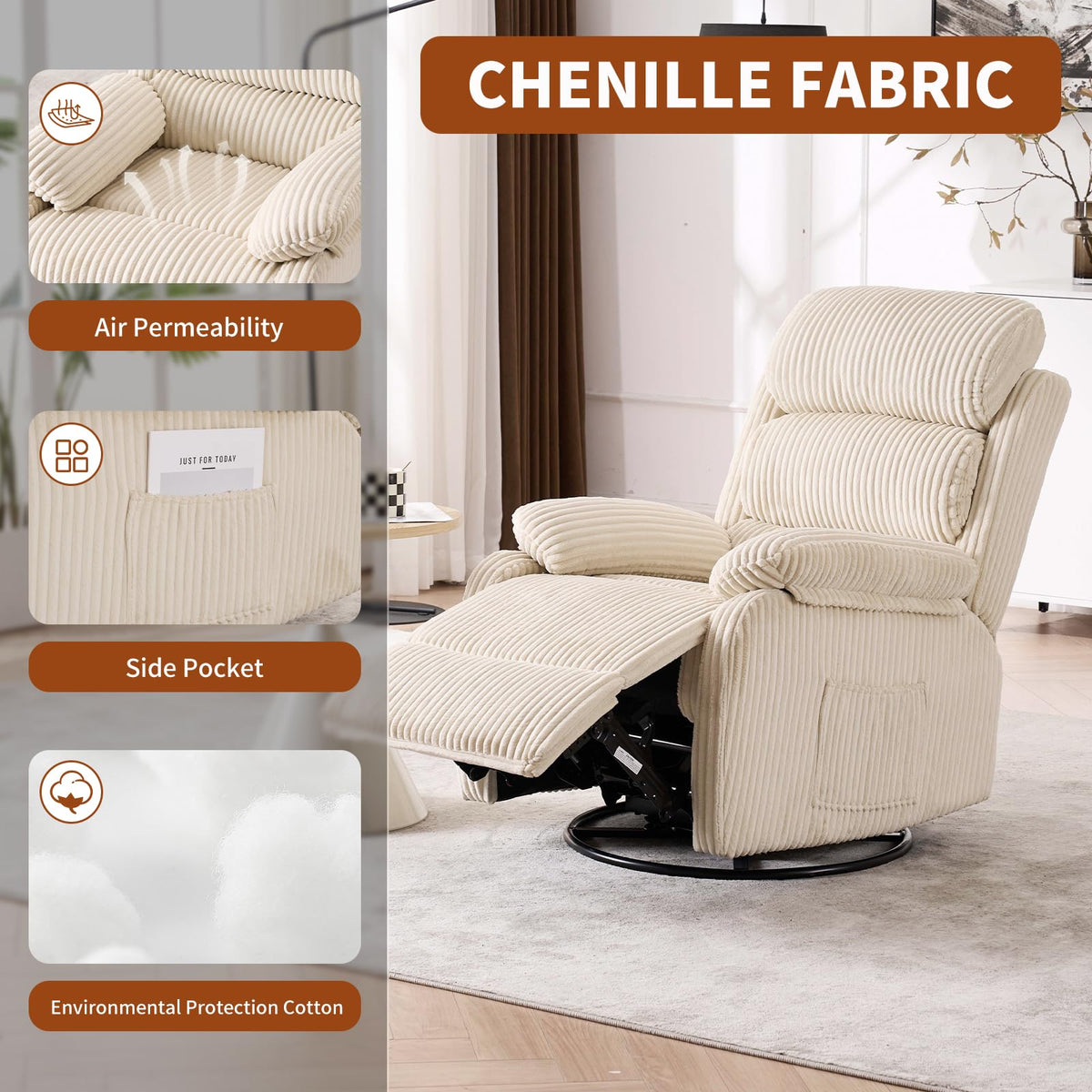 Beige Velvet Rocking Recliner Chair with Side Pocket N402