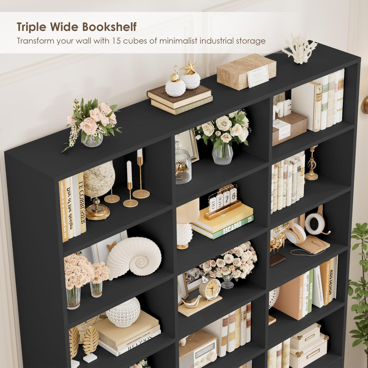 82.3" Triple Wide Bookshelf with 4 Doors, Black N24152