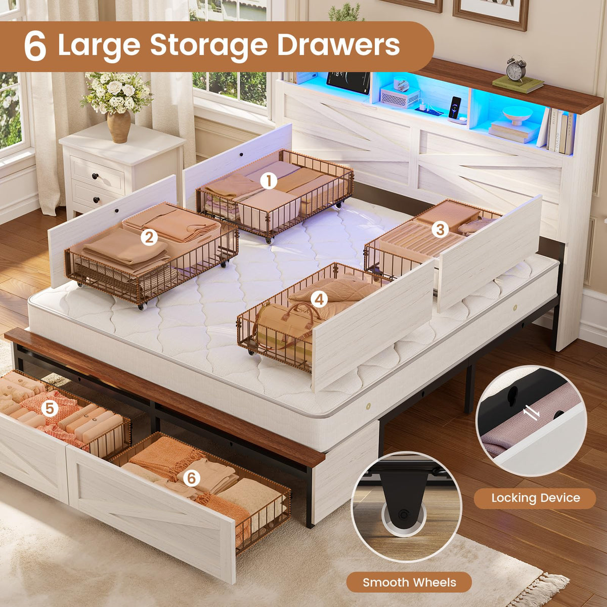 White Full Size Wood Bed Frame with 6 Drawers C150394