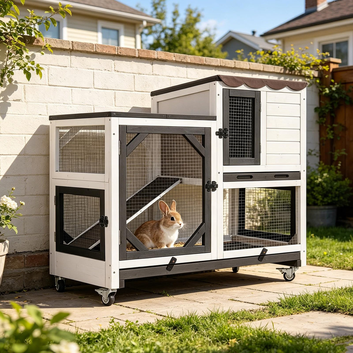 2-Story Wooden Rabbit Hutch with Wheels B818201