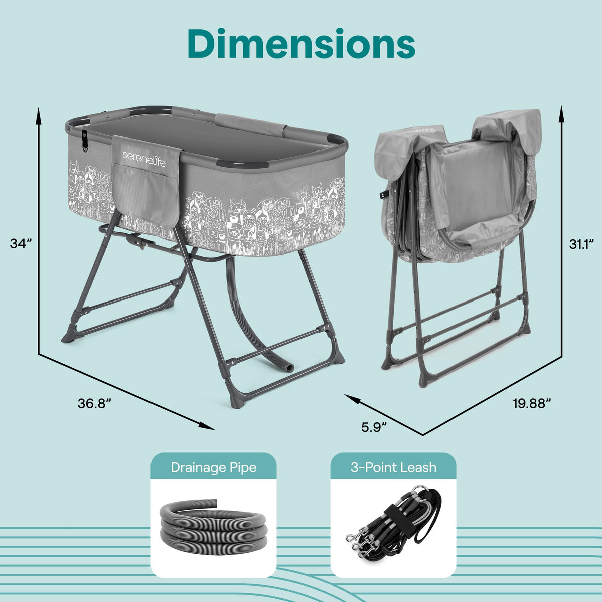 Foldable Dog Bath Tub with Drain Hose, 130 lb Capacity, Gray L571